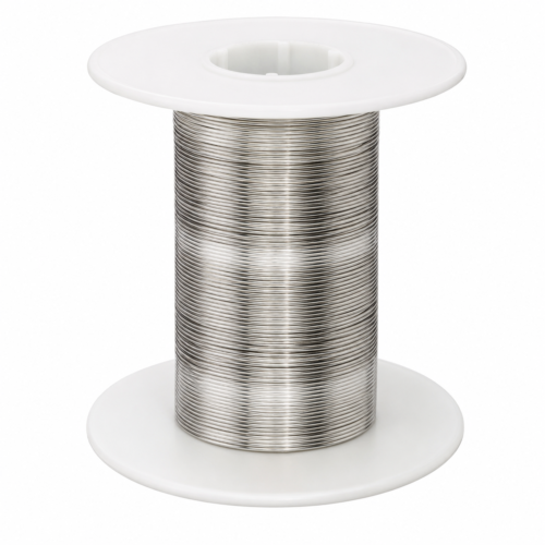 McMaster-Carr Raw Materials McMaster-Carr Raw Materials Parts: Spool of thin stainless steel wire, coiled on a white plastic reel — raw material for fabrication and metalworking