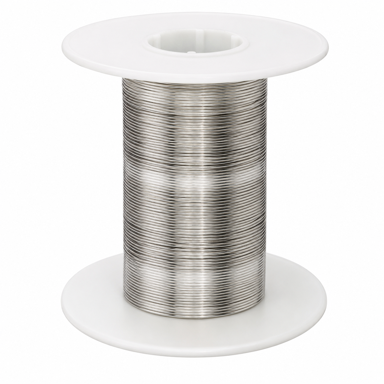 McMaster-Carr Raw Materials Parts: Spool of thin stainless steel wire, coiled on a white plastic reel — raw material for fabrication and metalworking